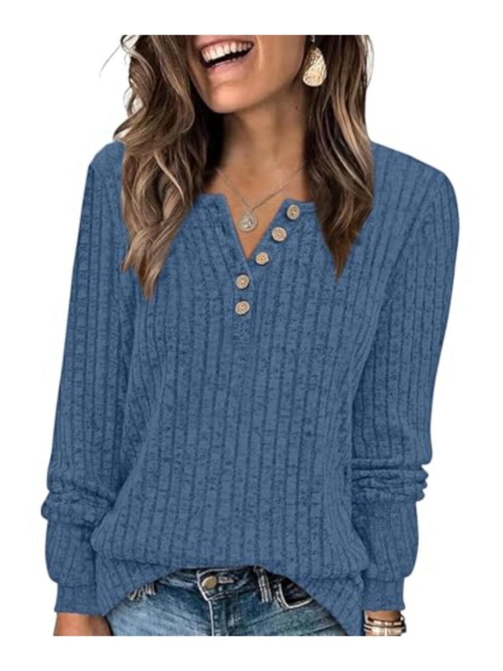 Lightweight Sweater Lantern Sleeve Henley Tshirt Fall Tops
